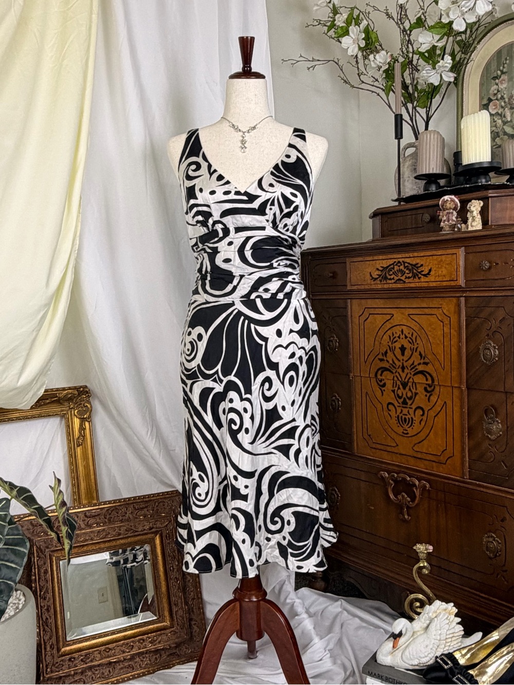 Vintage Silk Mica Black & White Swirl V-Neck Midi Dress - Y2K Goth Sleevless